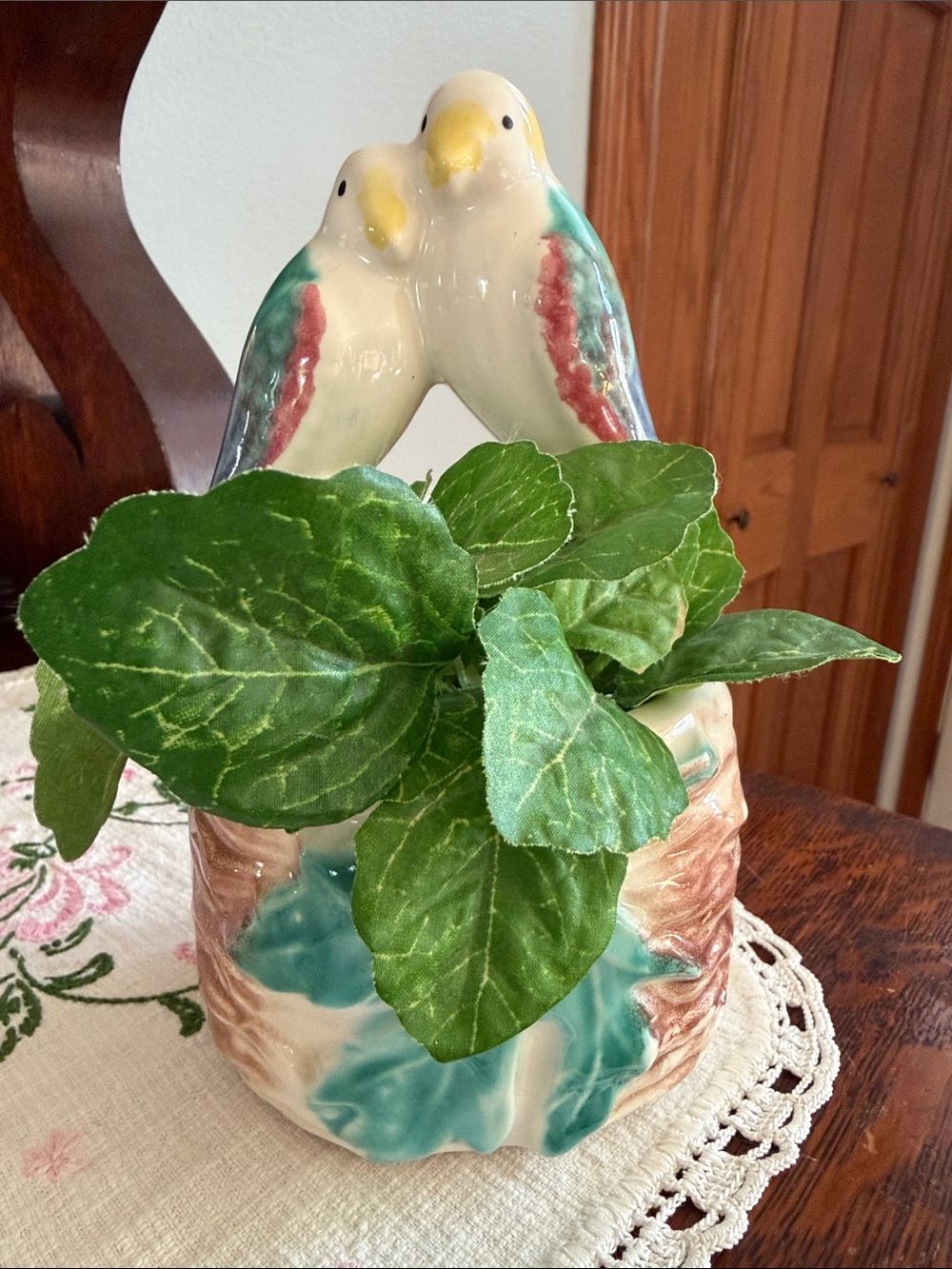 Ceramic Double Bird Planter in Cream, Teal and Pink